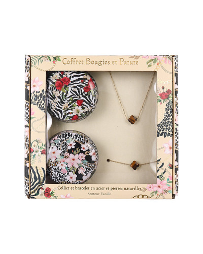 COFFRET 2 BOUGIES ET PARURE (acier et pierres naturelles) unité