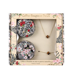 COFFRET 2 BOUGIES ET PARURE (acier et pierres naturelles) unité