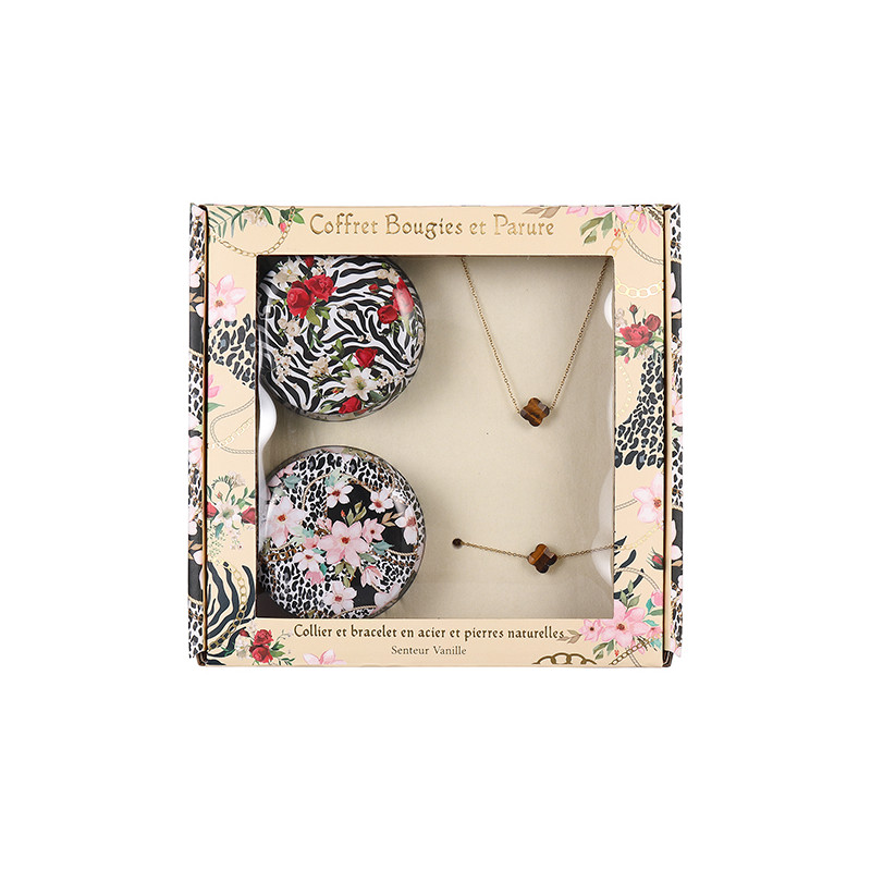 COFFRET 2 BOUGIES ET PARURE (acier et pierres naturelles) unité