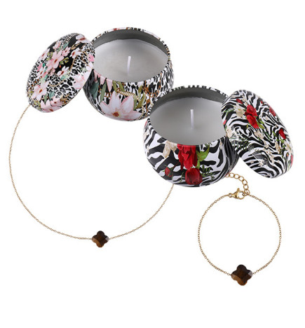 COFFRET 2 BOUGIES ET PARURE (acier et pierres naturelles) unité