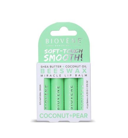 Baume à Lèvres Miracle Beewax Noix de coco & Poire – Pack de 4 unités Biovène