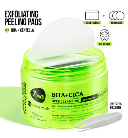 Disques Visage Exfoliants Nettoyants En Profondeur  BHA+CICA 7Days150ml